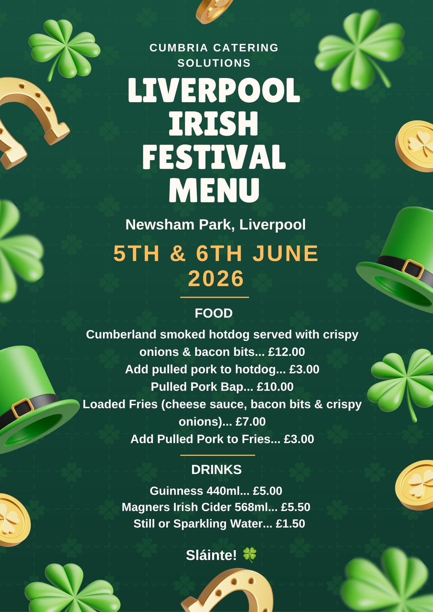 Liverpool Irish Festival Menu leaflet design for Cumbria Catering Solutions
